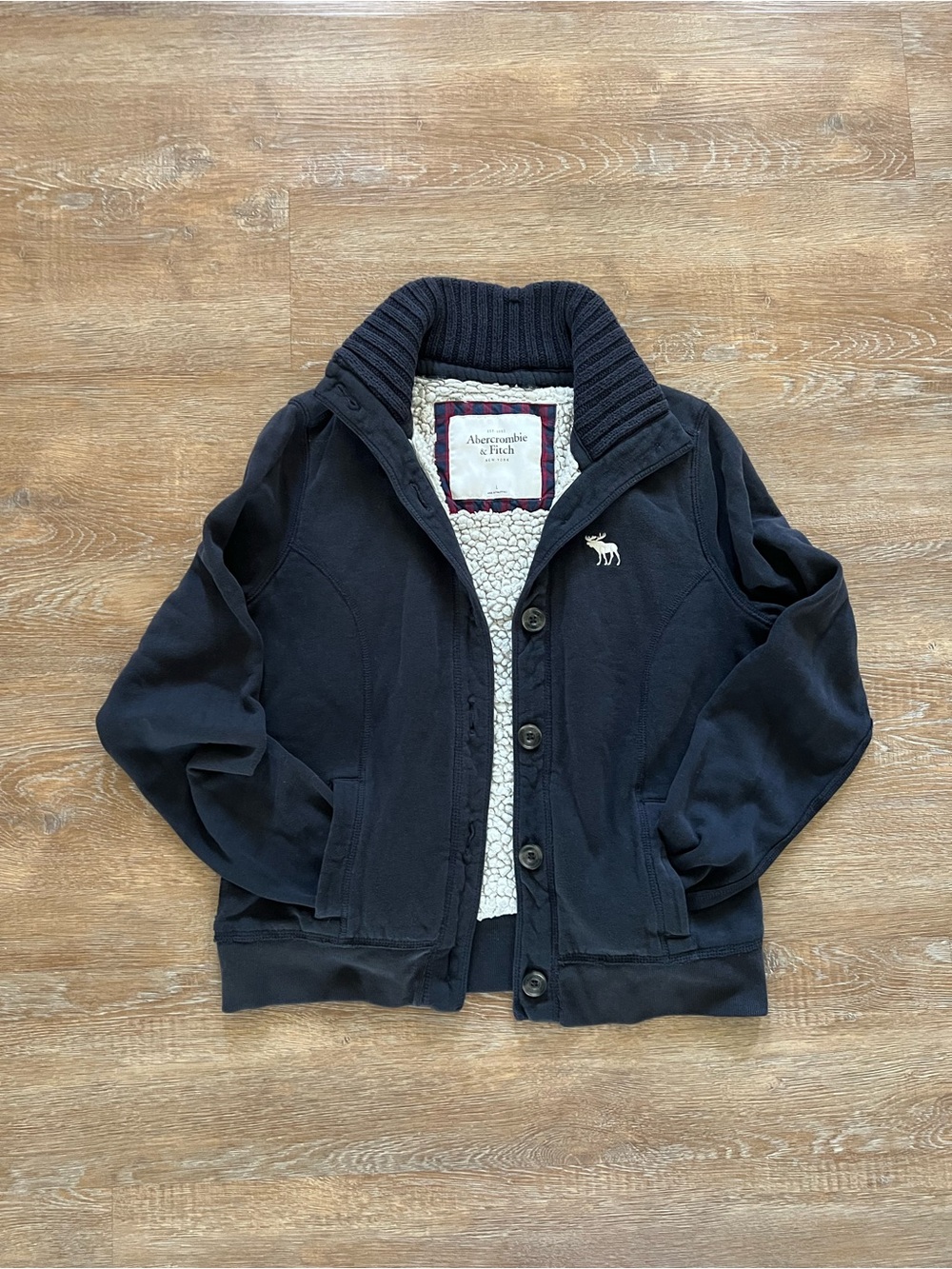 Abercrombie & Fitch Y2K Sherpa Lined Moose Button Jacket Navy | Large
